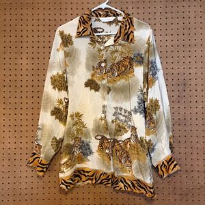 Peter Martin Vintage 100% Silk Tiger Jungle Print Button Down Blouse Womens 14